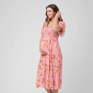 Ripe Maternity Libby Dress Size Large Pink Floral Smocked Flutter Sleeve Midi